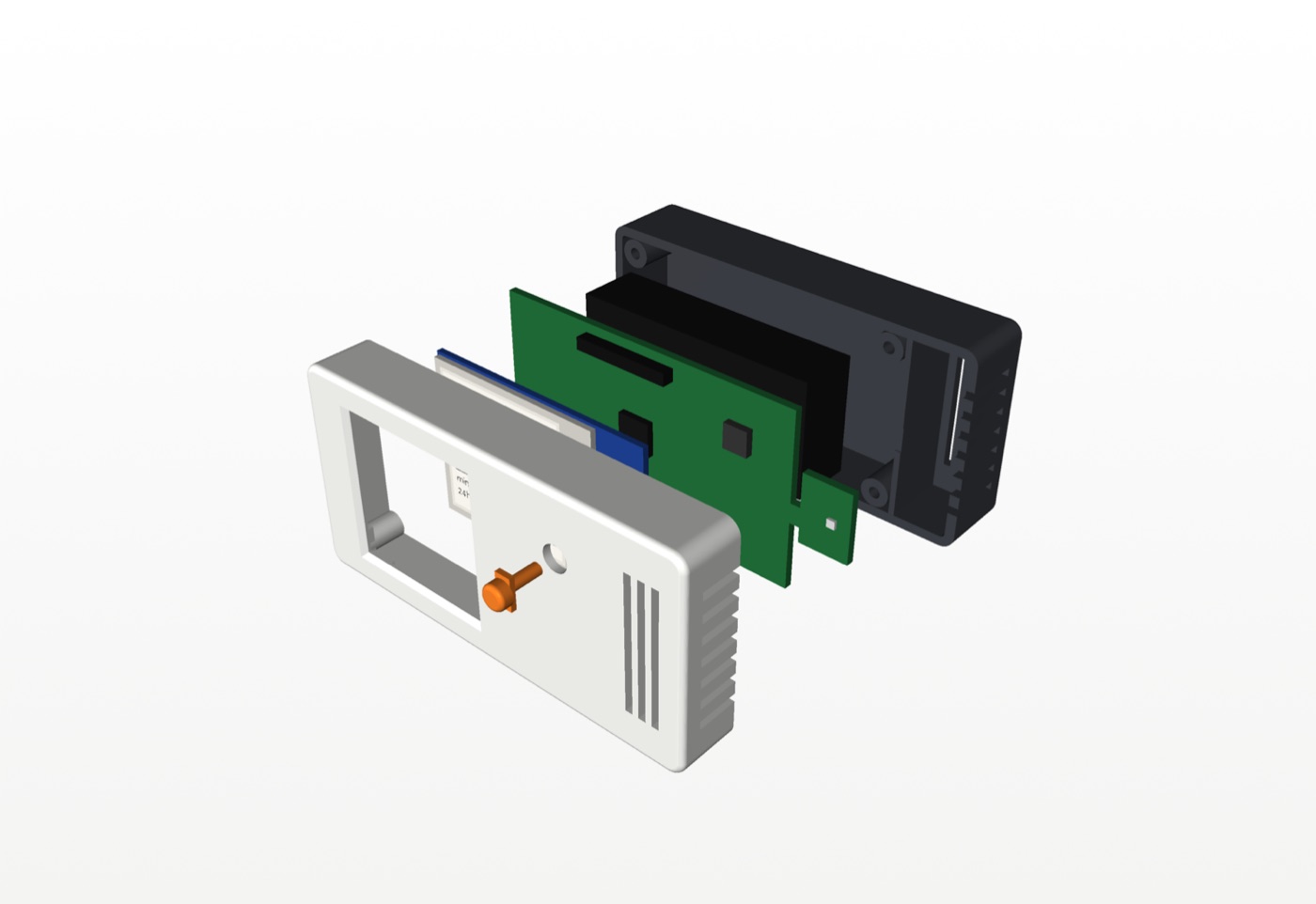 Exploded 3D render of the THM-1 enclosure, PCB, e-paper display and battery holder